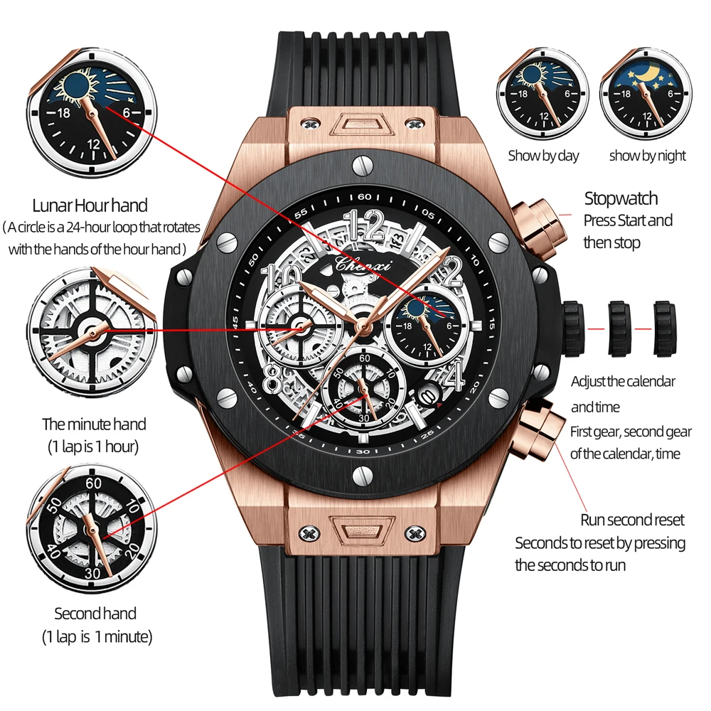 CHENXI New Watches Mens Luxury Brand Big Dial Watch Men Creative Dial Waterproof Quartz Wristwatch Sports Chronograph Clock Date