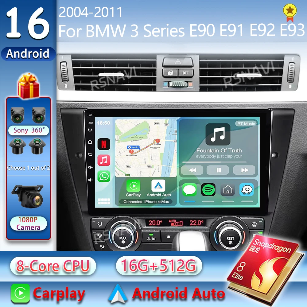 Android 16 für BMW 3er Serie E90 E91 E92 E93 2004 - 2011 2K QLED Android Autoradio Multimedia-Videoplayer GPS Stereo CarPlay