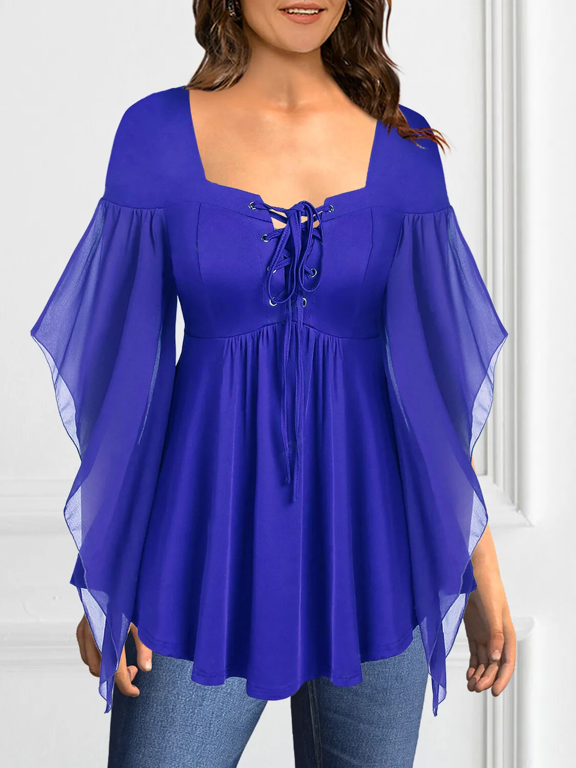 Women Chiffon Blouse Shirt Half Sleeve Square Collar Bandage Pleated Elegant Plus Size Tops Summer Office Lady Casual Blouse