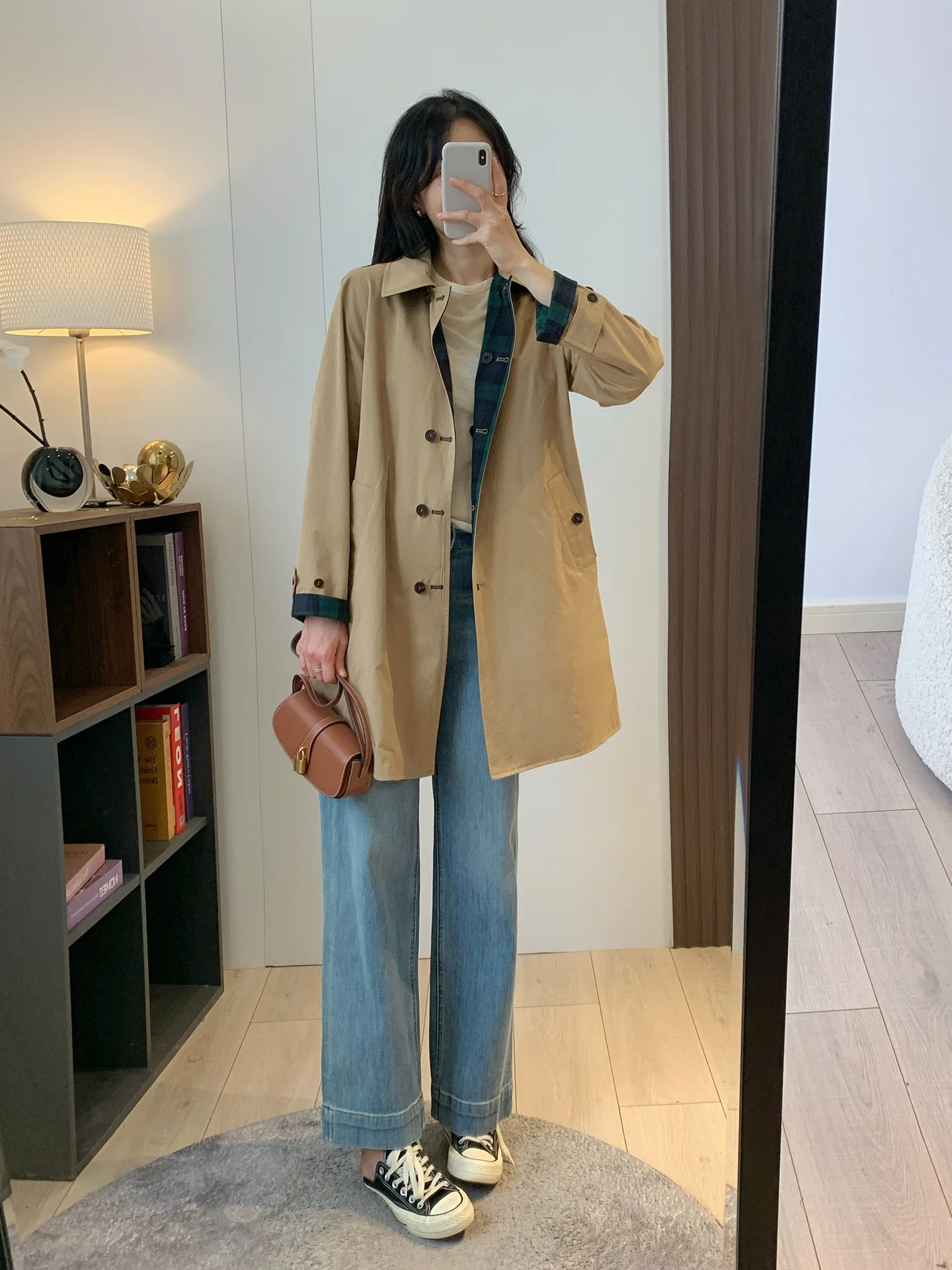 

Двусторонняя носимая ветровка Briti Sle средней длины в клетку, простой прямой крой, длинный рукав, застежка-молния, однотонная