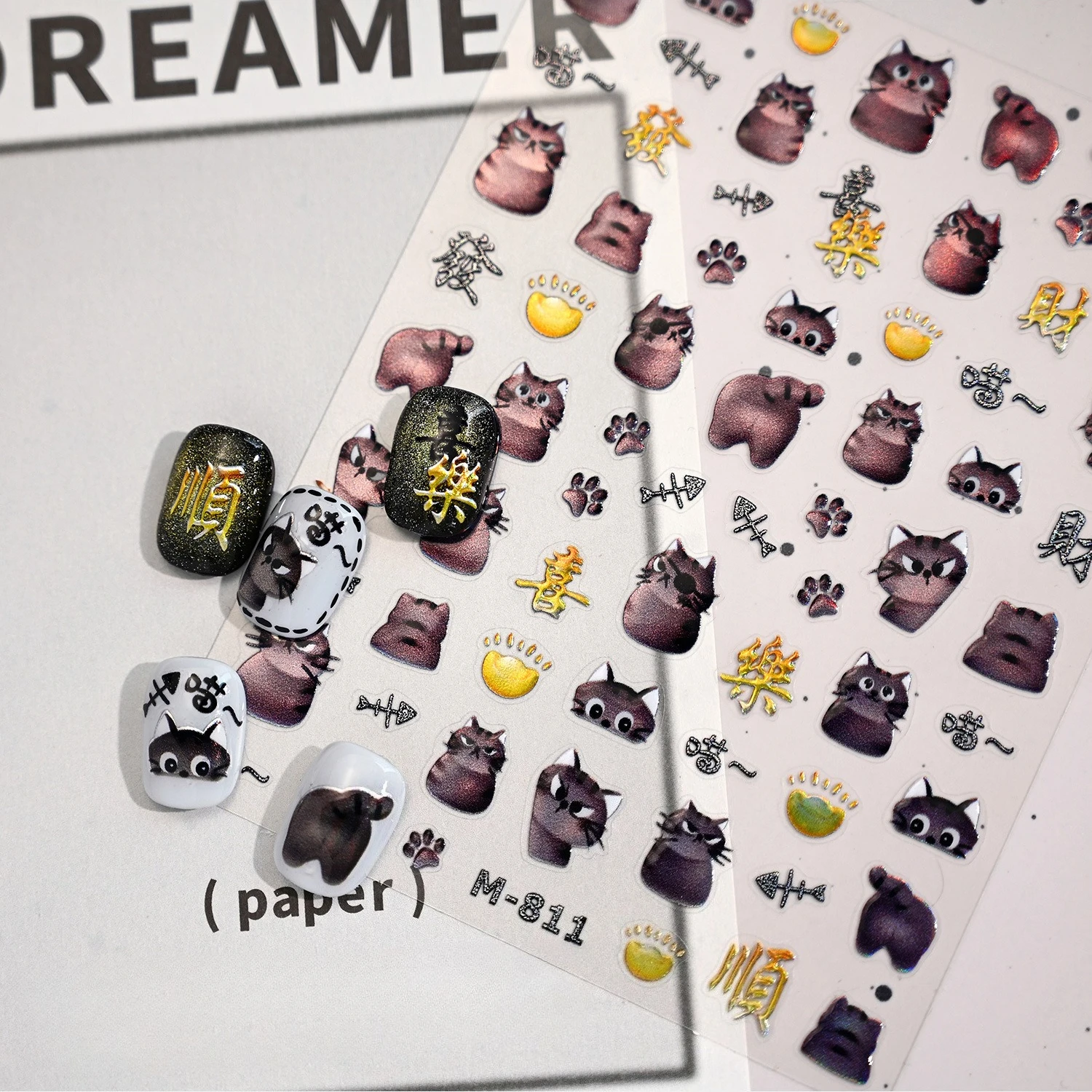 Oro Giallo Nero Laser Lucido Simpatico Gatto Ossa di Pesce Artigli di Gatto Gelatina 3D Autoadesiva Nail Art Sticker Bella Gattino Decalcomania per Manicure