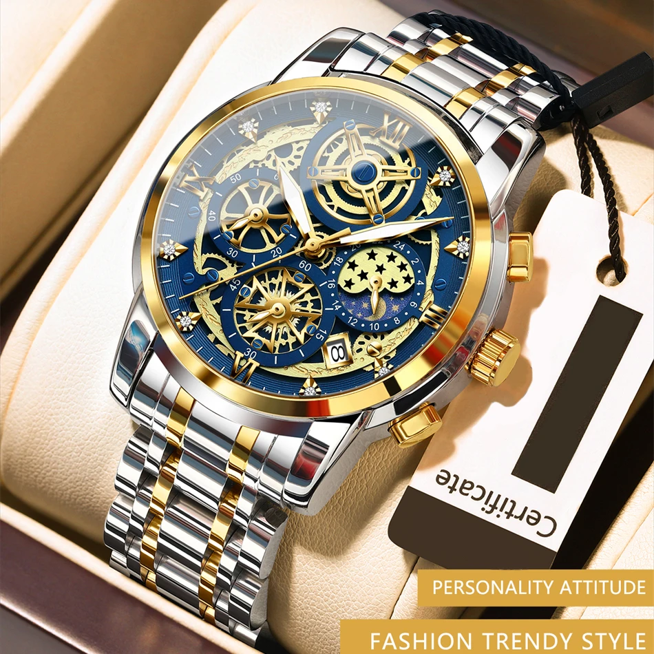 

BINBOND оригинальные круглые часы для мужчин, мужские часы из нержавеющей стали с датой недели, светящиеся водонепроницаемые роскошные мужские кварцевые наручные часы