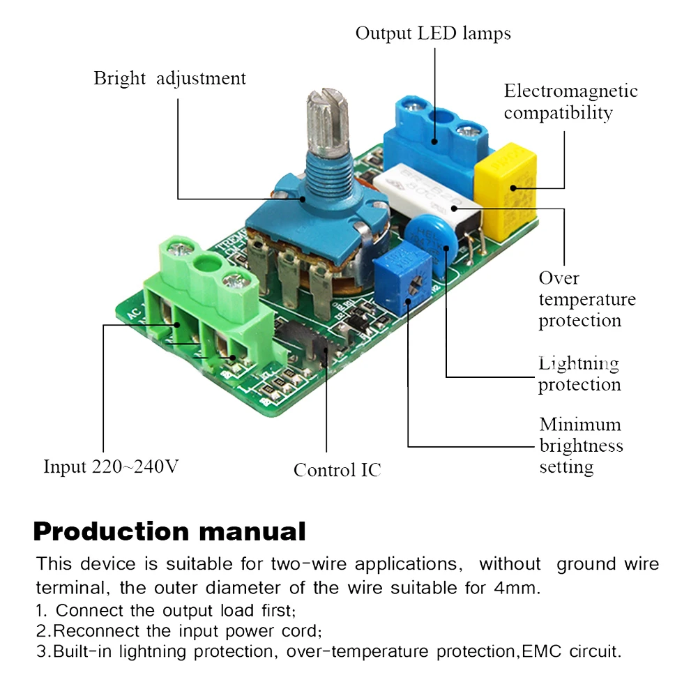 220-240V Inline LED Dimmer Switch With Built-in Rotary ON/OFF Knob Control Tool Adjustable LED Dimmer 220-240V Lights Switch