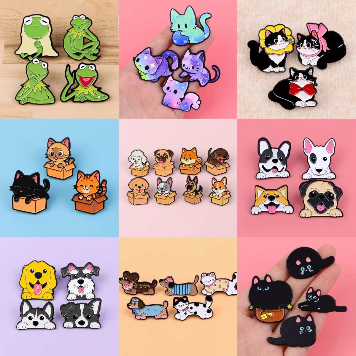 3-8 יחידות / מערכת פין מצחיק קרטון חתול כלב דמוי חיות חמודות ברושים על בגדים תג תיק בגדים כיסוי נשים גברים תכשיטים מתנות