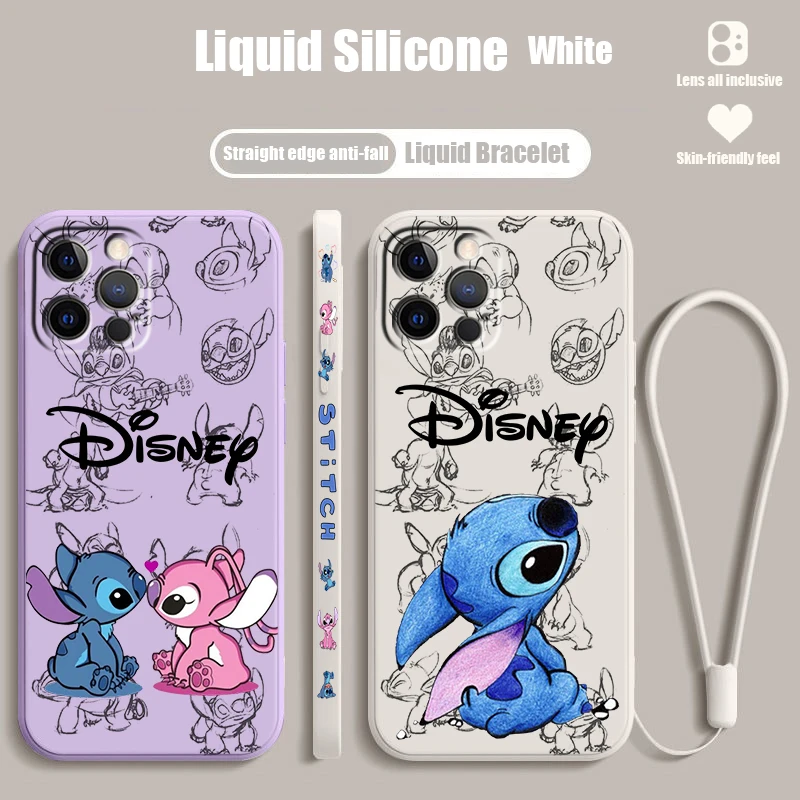 Disney Stitch Blue Cute Liquid Left Rope For Apple iPhone 15 14 13 12 11 XS XR X 8 7 SE Pro Max Plus Mini Soft Phone Case