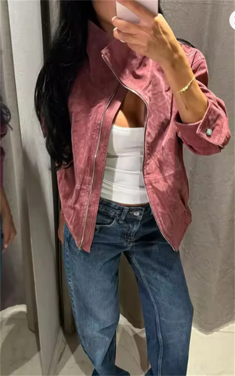 Guobioziy Women's Jacket 2026 Fall New Wine Red Long-Sleeve Stand Collar Faux Leather Loose Fit Parka Coat Trendy Fashion
