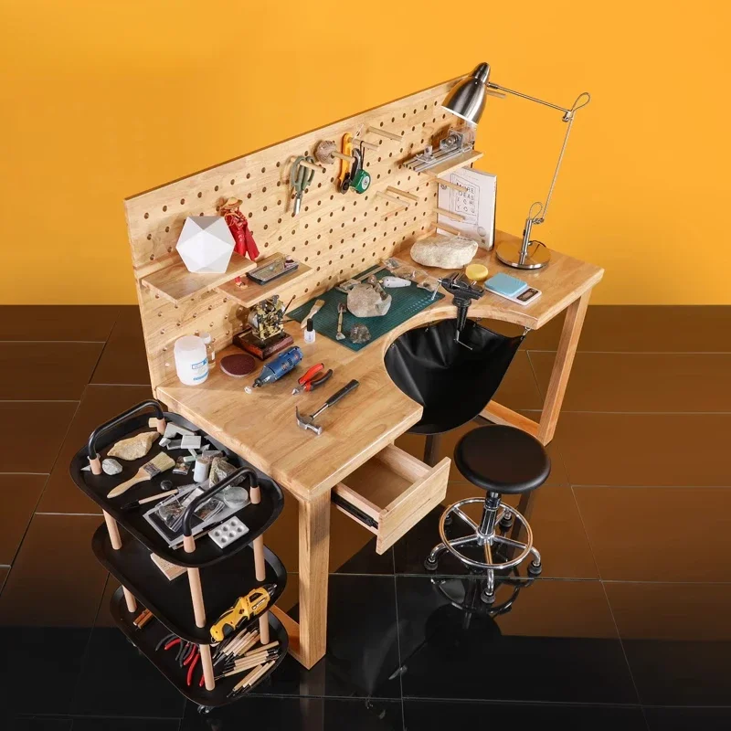 

All solid wood jewelry processing gold table, metal table with leather pocket hole plate, model painting workbench