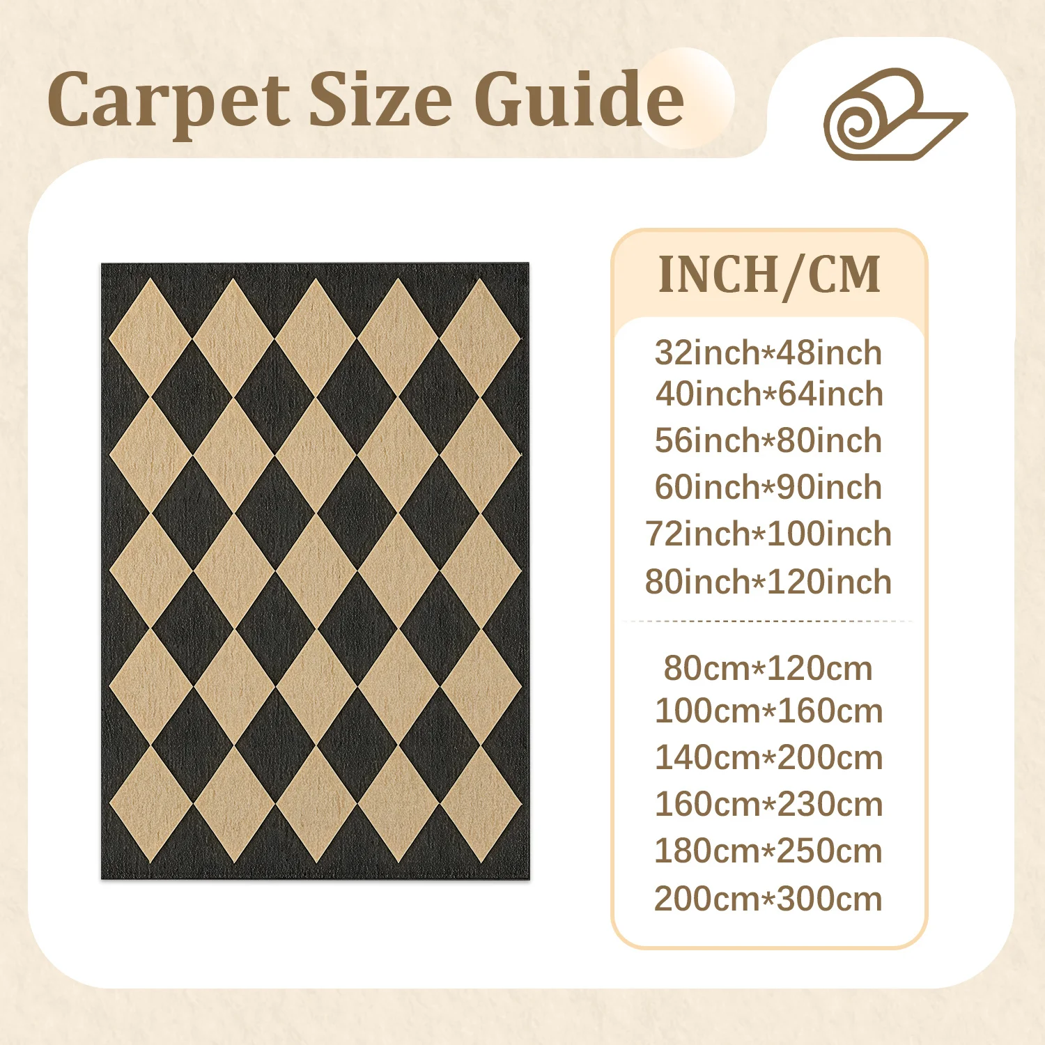 Large Indoor Area Rug, Soft Velvet Low Pile Rug with Non-Slip Dotted Backing, Machine Washable Argyle Diamond Pattern Black & Beige Floor Rug for Living Room Bedroom