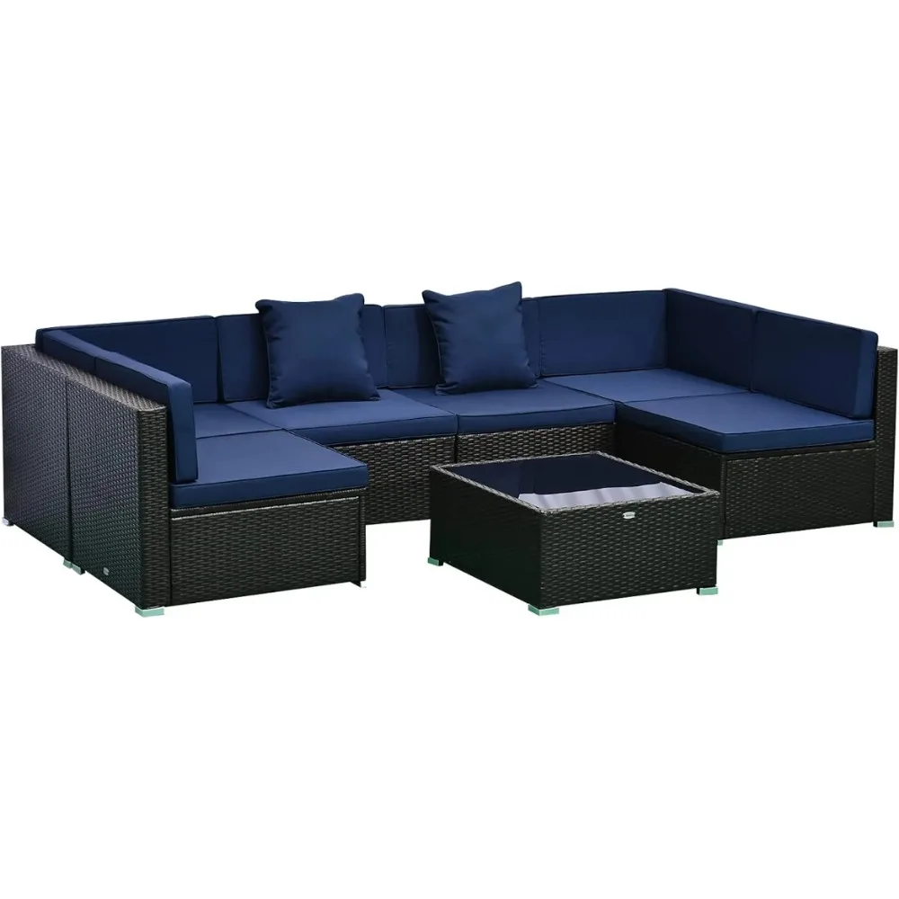 7pcs Outdoor Patio Wicker Conversation Sets,All Weather PE Rattan Sectional Sofa Set w/ Cushions & Tempered Glass Desktop