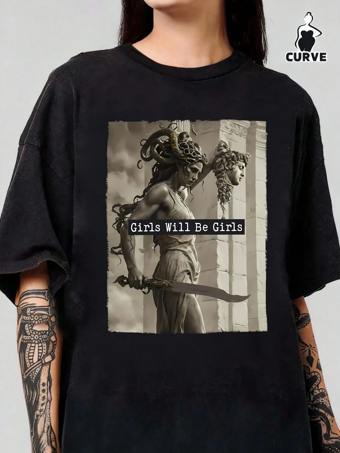 

Black Oversized Crew Neck Tee with Mythological Graphic Print and Bold Text