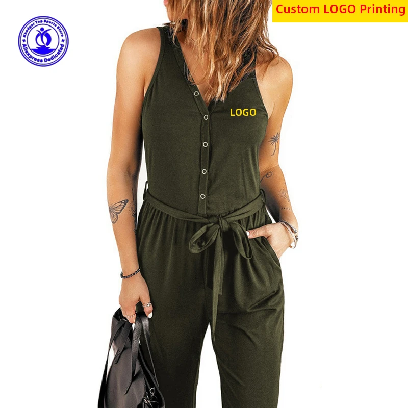 

2022 NEW Fashion Sleeveless Rompers Women Sexy Soild Jumpsuits Drawstring Button Playsuits Casual V-Neck Overall Bodysuit Custom