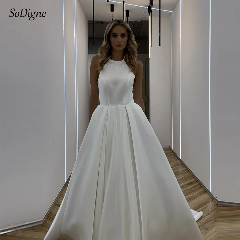 

SoDigne A-line Simple Satin Wedding Dresses Sleeveless Halter Bridal Dress Long Elegant Bride Gown vestidos de novia ﻿