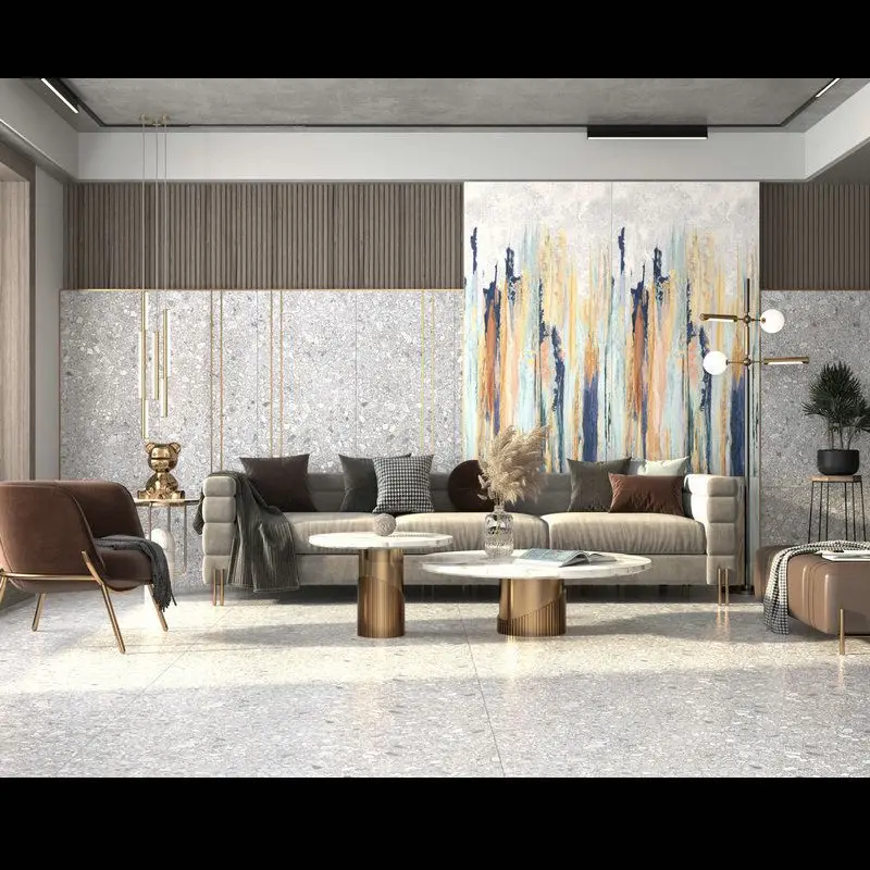 Modern living room new Chinese slate marble glossy surface with patterned background wall tiles and flower pieces