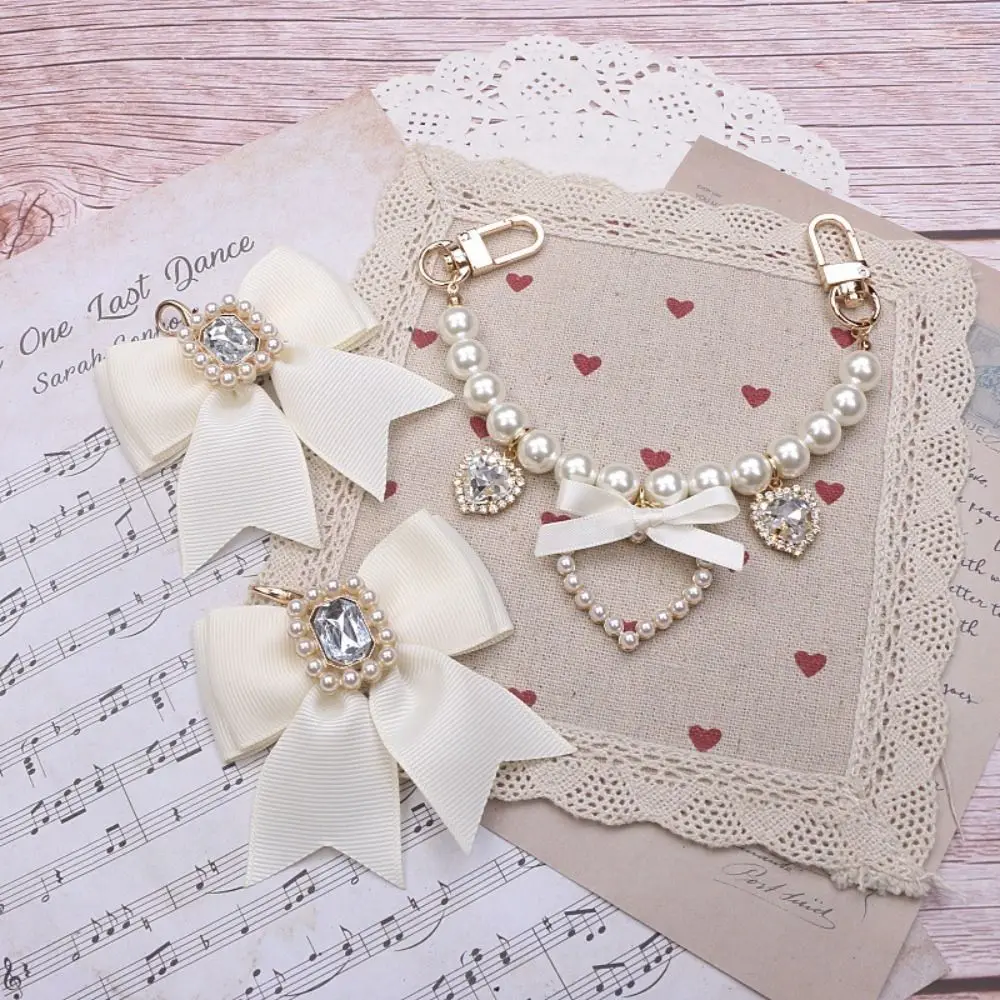 

Pearl Heart Lolita Bag Accessories Beaded Pearl Rhinestone Heart Bag Pendant Diamond Heart Sweet Lace Bow Bag Hanging Decoration