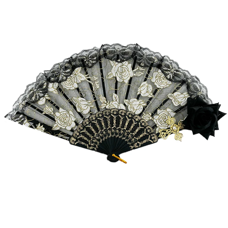 Halloween Costumes Accessory Lace Rose Fan Girls Women Ladies Dancing Costumes Props Hand Fan Nightclub Bar Decor Fan