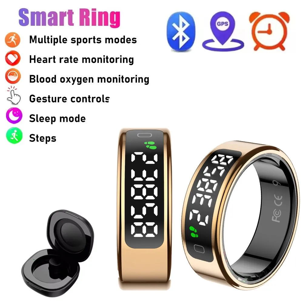 Smart Ring with Display Screen Touch Charging Case, Heart Rate Monitor Waterproof Gesture Control Smartring Men Women