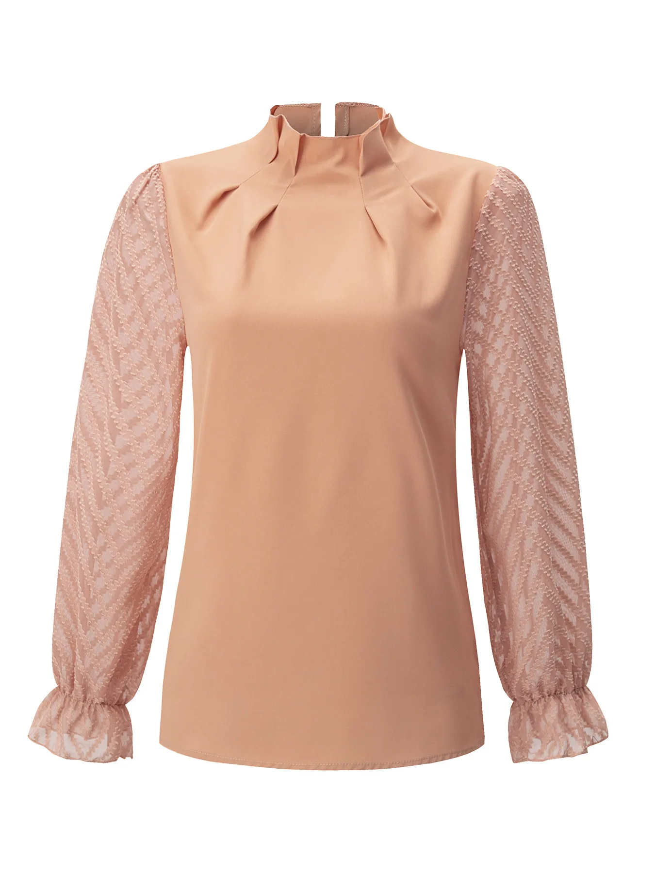 New Spring and Autumn solid color half-high collar symmetrical folded splicing wave pattern ruffled long-sleeved gauze mesh top