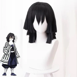 Anime Demon Slayer Iguro Obanai Cosplay Wig Kimetsu No Yaiba Cosplay Black Hair Heat Resistant Hairs Halloween Wigs + Wig Cap