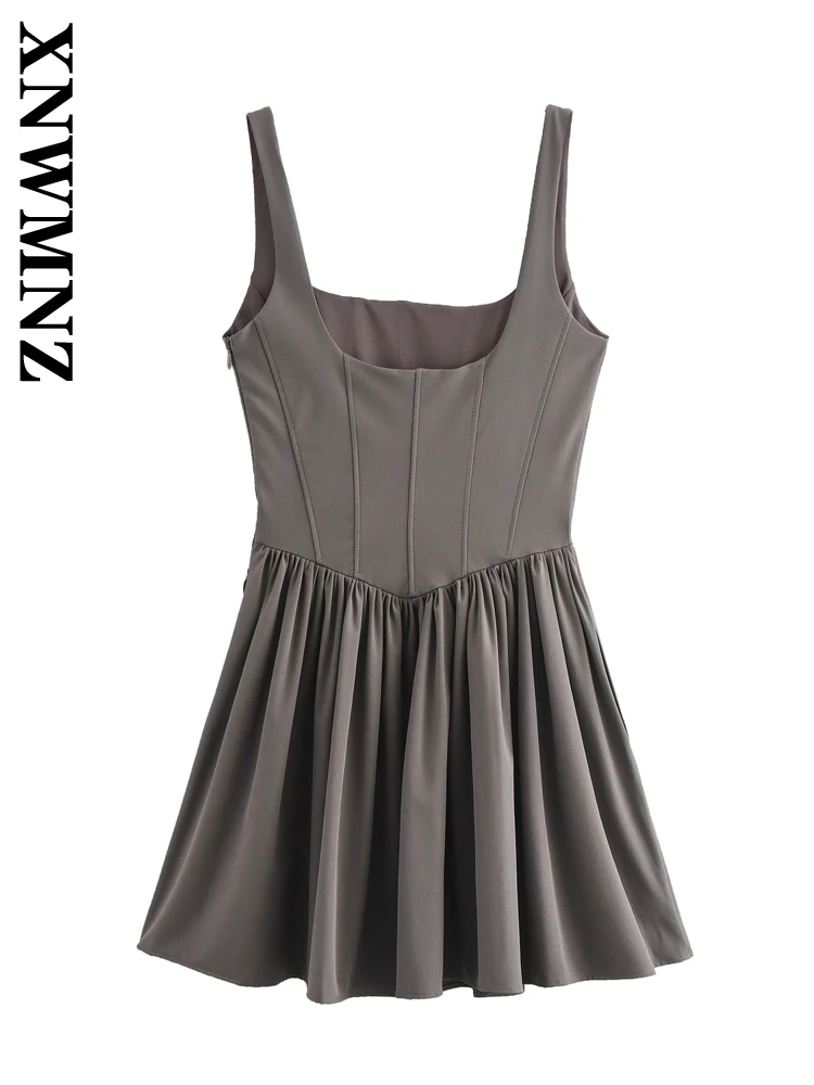 XNWMNZ 2024 Summer Woman\'s Casual Sleeveless Solid Color Slip dress Top Female Fashion Ruffles zipper Sling Pleated Skirt Dress