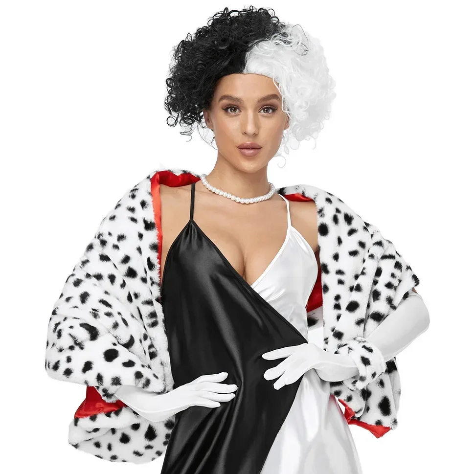 Cruella Deville Cosplay Costume Anime Black and White Witch Cloak Spotted Dog Leopard Print Scarf Wig Gloves Accessories Cos