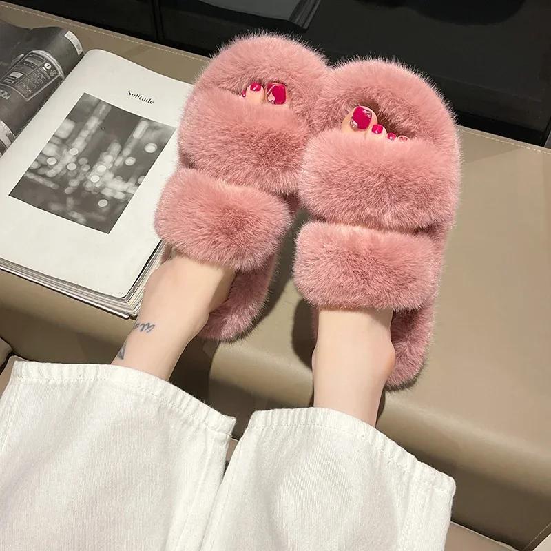 Women Fur Warm Winter Furry Fur Shoes Fluffy Plush Slippers Home House Indoor Shoes Bedroom Slippers Female Ladies Round Toe