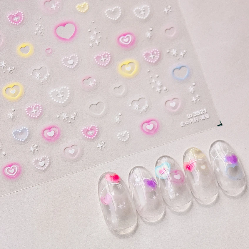 Cute Halo Dyeing Colorful Red Love Heart Star Shiny Crystal Necklace Design Pearl Self Adhesive Nail Art Sticker Manicure Decals