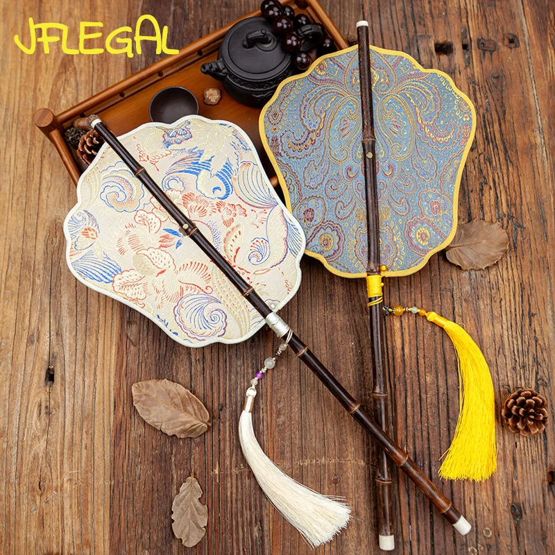 

Round Foldable Waist Fan Long Handle Ancient Style Women's Summer Classical Hanfu Rotating Hand Fans Ventilador Portatil