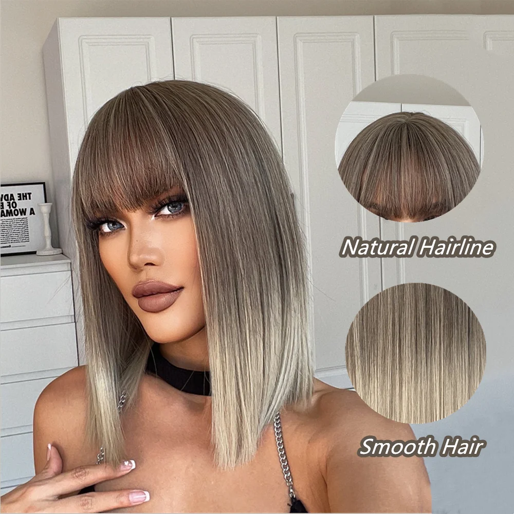 LOUIS FERRE Short Ash Brown Hair Wig for Women Synthetic Ombre Brown Straight Wigs With Bangs Shoulder Length Brown Natural Hair