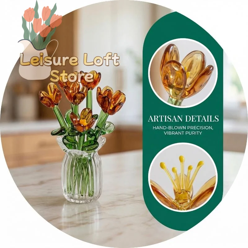 6/7-teiliges Handgeblasenes Mini-Glasblumen-Skulpturen-Set mit Vase – Lebensechter Blumenstrauß, Künstlerische Heimdekoration & Geschenk, Sammlerstück