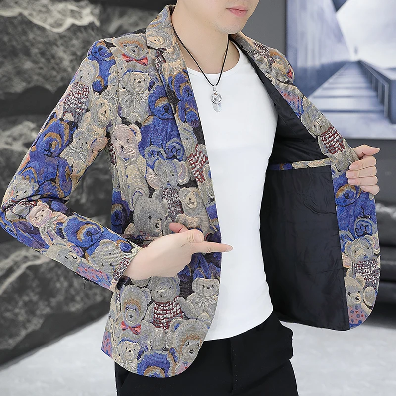 High Quality Blazer Men's Korean Version Trend Casual Elegant Fashion High-end Simple Bear Print Gentleman Suit Jacket