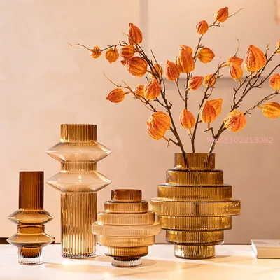 

Creativity Amber Glass Vase Hydroponics Flowers Pots Tower Shape Flower Arrangement Desk Decoration Floral Vase Modern Decor