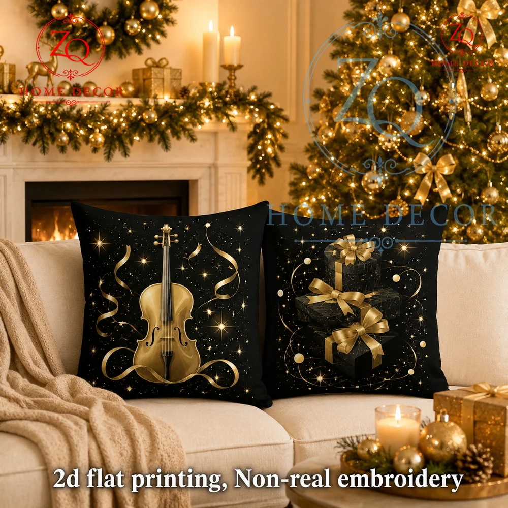 Luxury Black Gold Christmas Throw Pillow Cover Violin  Gift Box Print Festive Cushion Case for Holiday Sofa Bedroom Decor