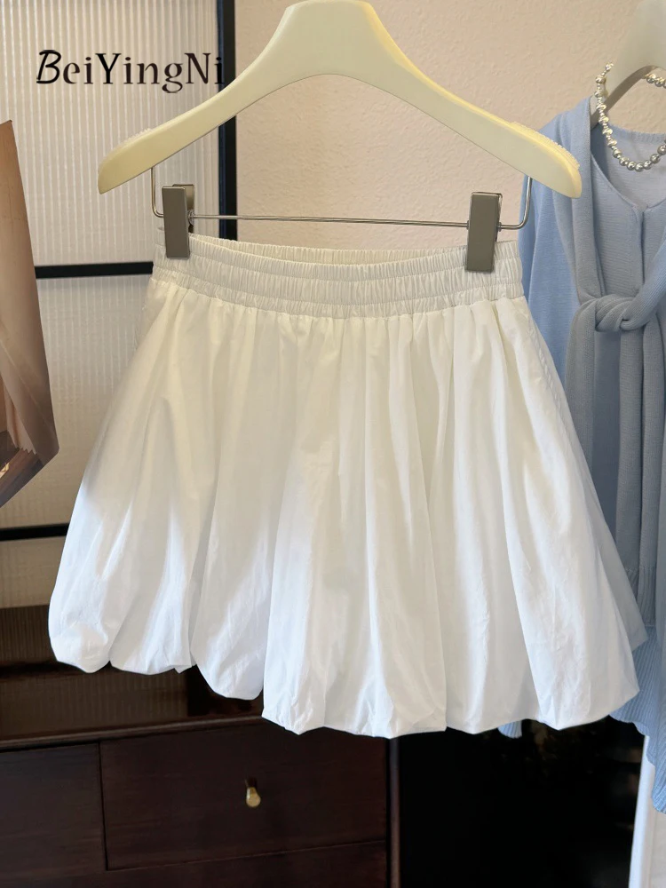 Beiyingni Damskie Mini Spódniczki Bud Jednolity Kolor Koreański Kawaii Biała Krótka Spódniczka Tutu w Kształcie Litery A Dziewczęca Styl Preppy Uliczne Kieszenie Faldas