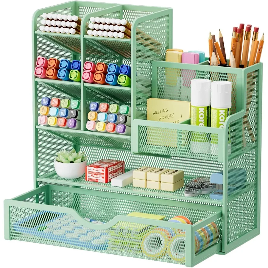 

Mesh Pen Holder for Desk Multi-Functional Pencil Organizer with Drawer Ideal for Office and Art Supplies Storage Compact Deskto