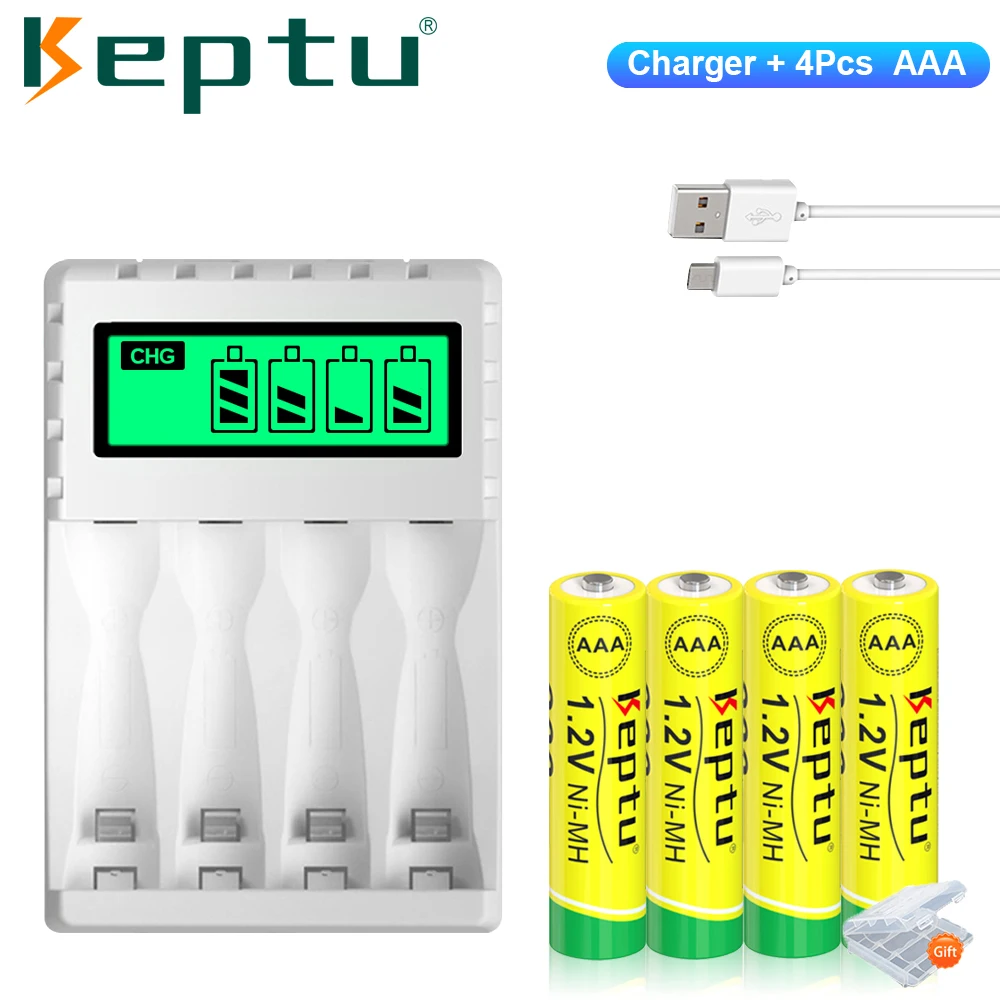 

Keptu 4pcs NiMH AAA Battery 1.2V AAA Rechargeable Battery 900mAh 3A Bateria + 4 Slots LCD Battery Charger