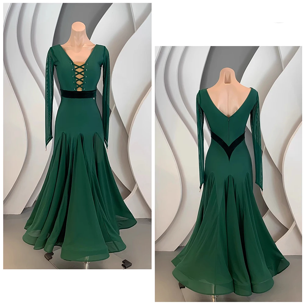Abito da ballo latino da sala personalizzato da donna 2025 Nuovi costumi di pratica di danza moderna Abiti da competizione standard per valzer Verde