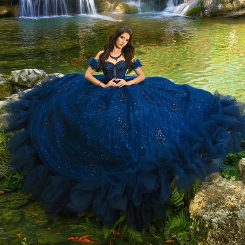

Customized Shiny dark blue Quinceanera Dresses Off the Shoulder sequin applique Lace ruffle Long tail Vestido 15Quinceanera