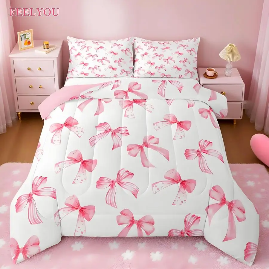 

Kawaii Pink Bow Bedding Set for Kids Boys Girls Twin Size Cute Dreamy Princess Style Comforter Set Ultra Soft Bow Pattern Comfor
