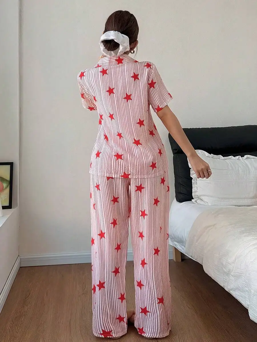 

Star Striped Lapel Pajama Set Women Sleepwear Comfortable Lounge Wear