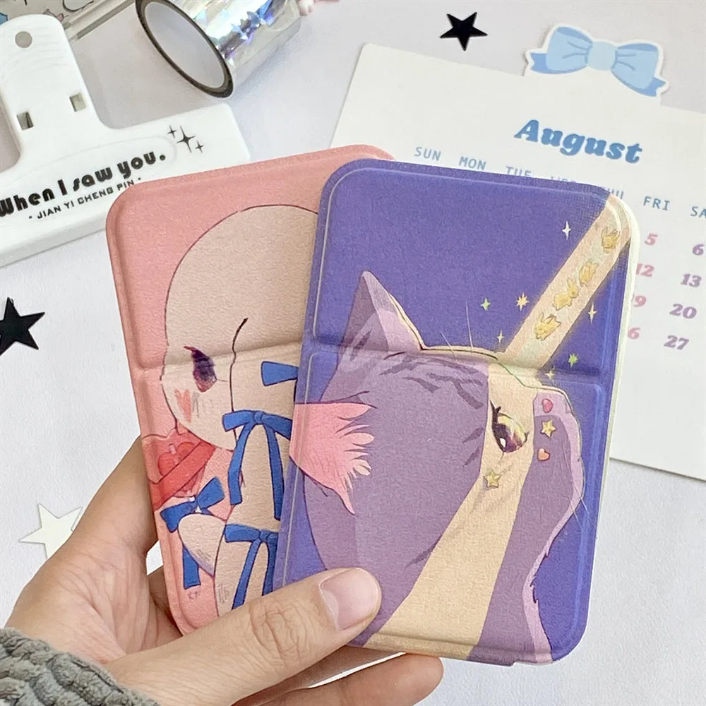 Portable Foldable Makeup Mirror PU Leather Handheld Mirrors Cute Bow Bunny Cat Bear Pocket Cosmetic Mirror Desktop Makeup Mirror