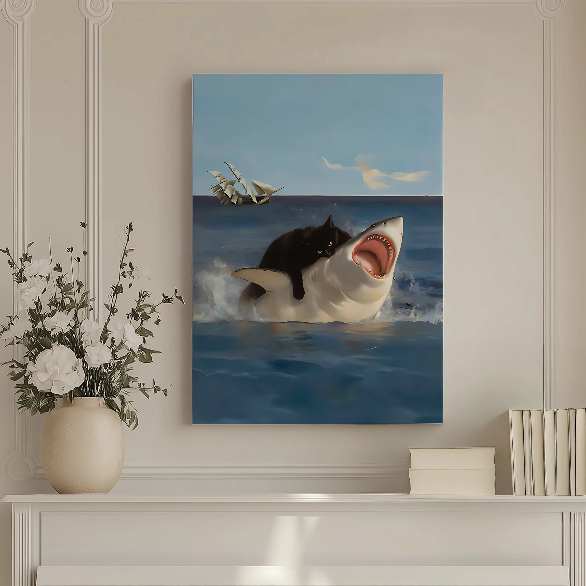 مضحك الدهون القط مقابل القرش عصر النهضة ملتوي القط الأسود جدار الفن يطبع قماش اللوحة المشارك صورة لغرفة المعيشة ديكور المنزل
