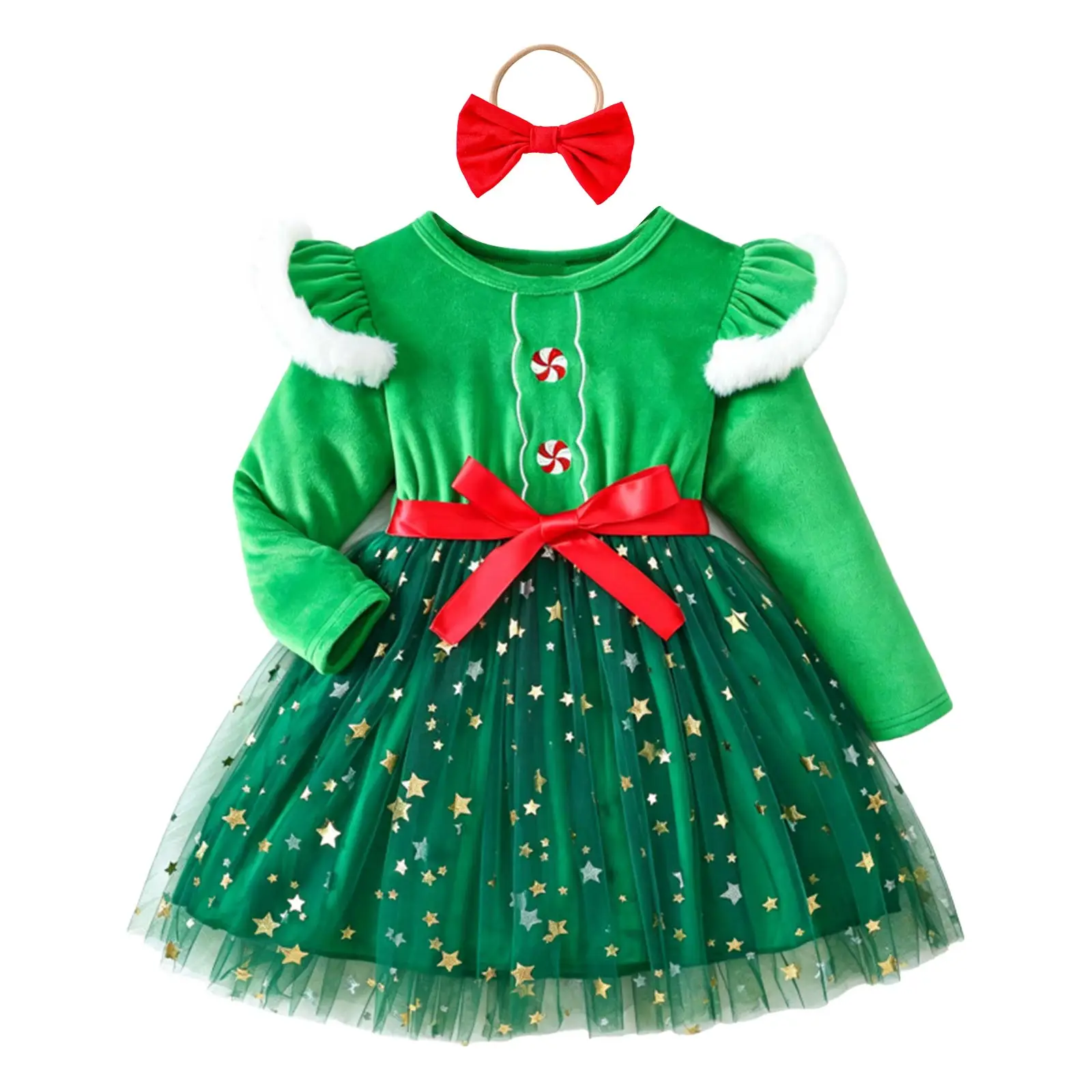 Christmas Eif Tutu Dress Girls Santa Ballet Dance Costume Ruffle Long Sleeves Velvet Bodice Sequin Star Tulle Dress And Hairband - view 3