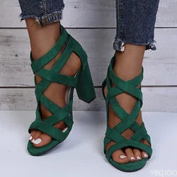 Women Pumps Sandals Summer Open Toe High Heels Low Block Heel Shoes Gladiator Zipper Thick With Sandals Wedges 2022 Mules Shoes