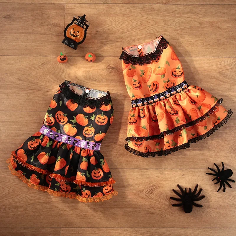 Pet Clothing Pumpkin Lace Skirt Halloween Party Double Layer Skirt Dog Clothing Cross border Explosive