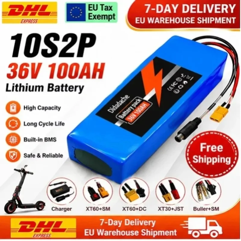 10S2P 36V 100000mAh Lithium-Ionen-Akku mit großer Kapazität für Elektroroller, 250W-1000W hohe Leistung, eingebautes intelligentes BMS+Ladegerät