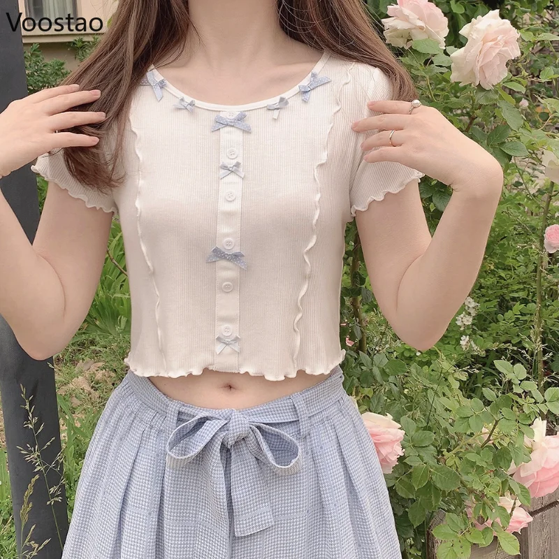 Japanese Kawaii Elastic T-Shirt Girls Casual Ruffles Short Sleeve Wave Point Bow Slim Tees Summer Sweet O-Neck White Crop Tops