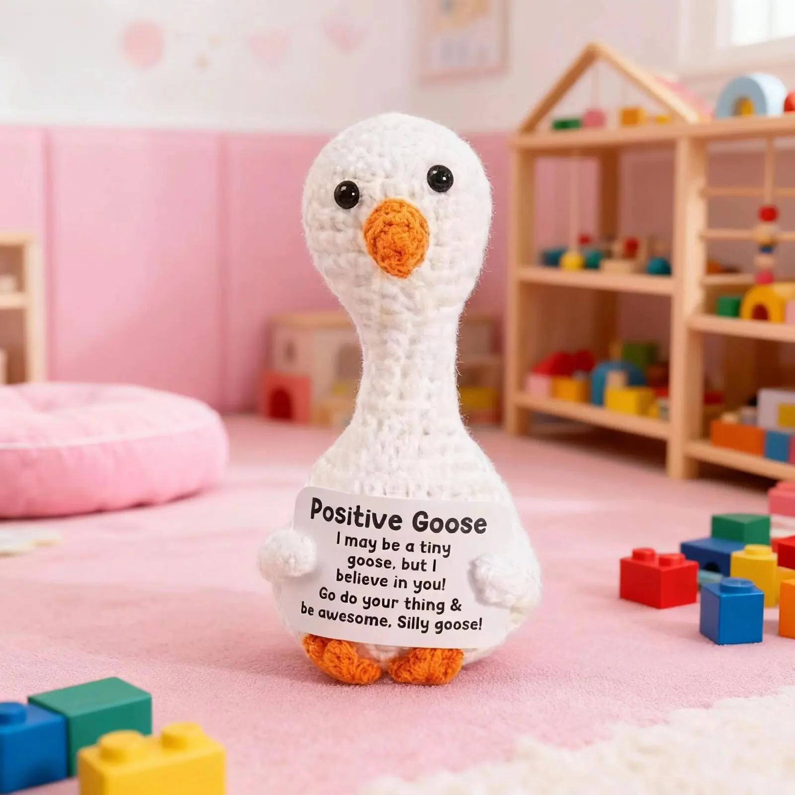 Handmade Crochet Positivity Goose Decor Amigurumi Knitted Ornament Cute Home Art for Living Room Hot Trend Gift for Craft Lovers