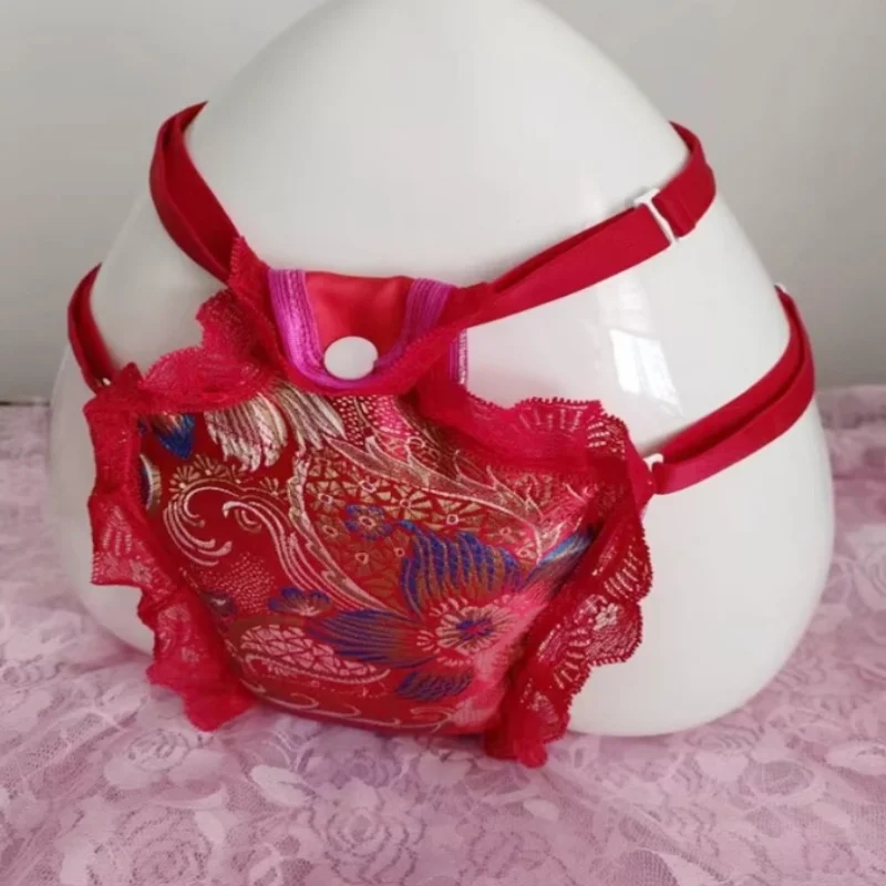 

Men Sexy Pink Silk Satin Flower Embroidery Lace T-briefs Filled Cotton Thick Puffy Soft Thong Handmake Pantie BF Erotic Panty