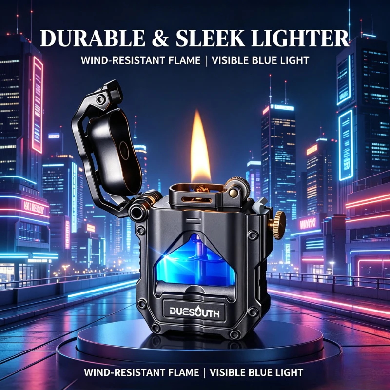 Custom Fashion Mech Lighter, Transparent Chamber LED Blue Light Open Flame Design, Nice Holiday Present