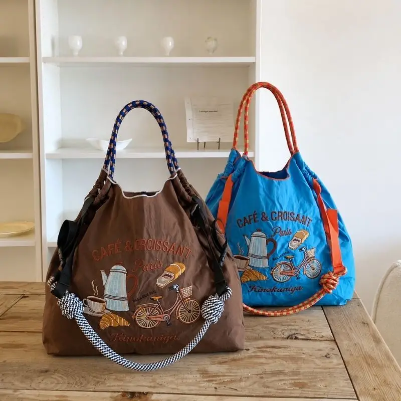 

New Style Fun Coffee and Bread Embroidered Women's Shoulder Bag, Large Capacity Tote Bag, Lightweight and Foldable, Suitable for Shopping, Walking, Sports, Fitness, All-Season Use, Surprise Gift